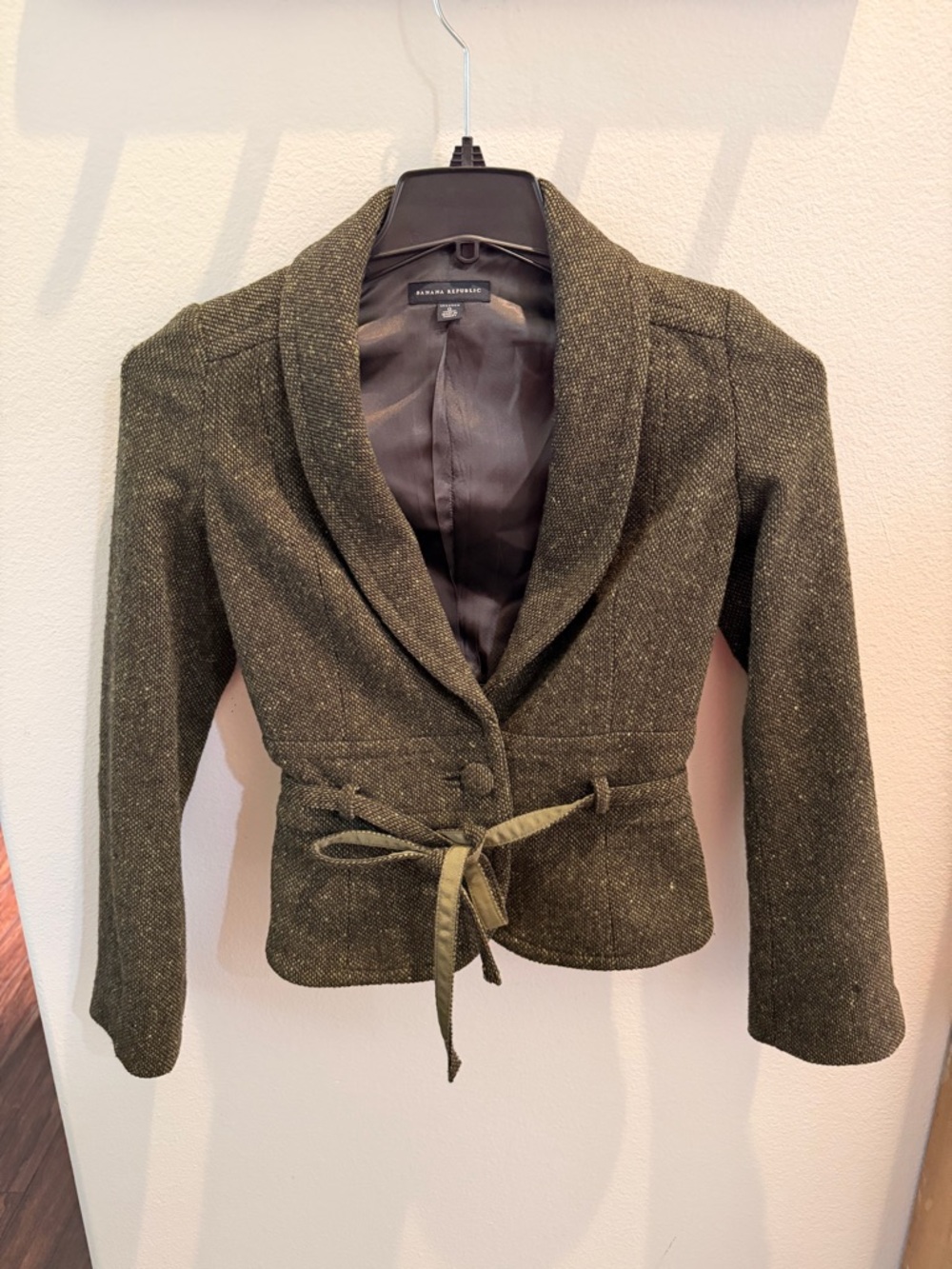 Banana Republic Olive Green Tweed Shawl-Collar Blazer with Waist Tie